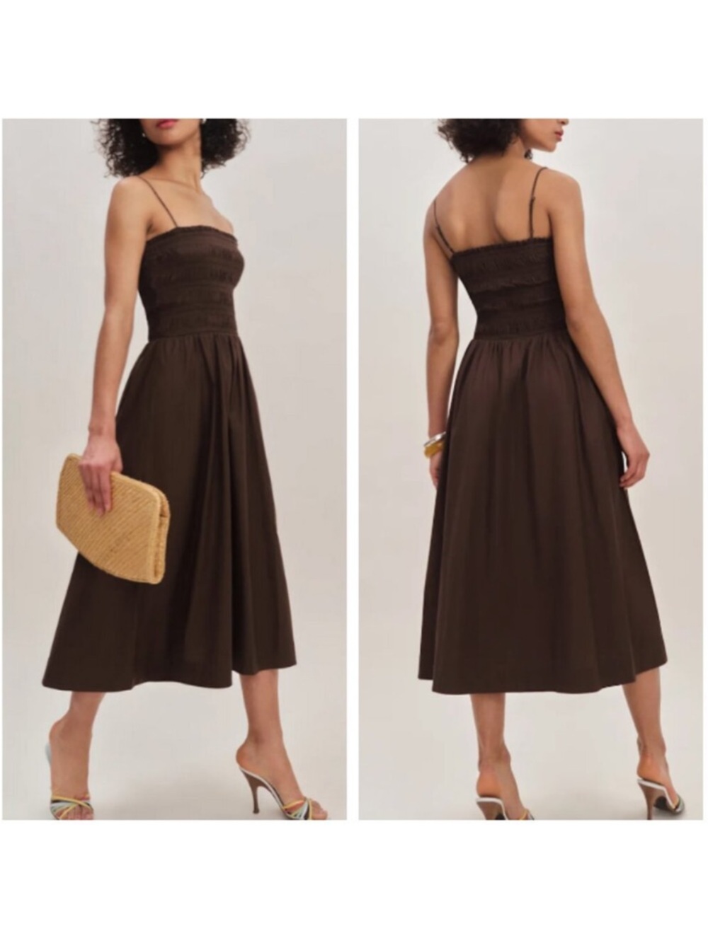 Smocked Bodice Spaghetti Strap Midi Dress - Brown
